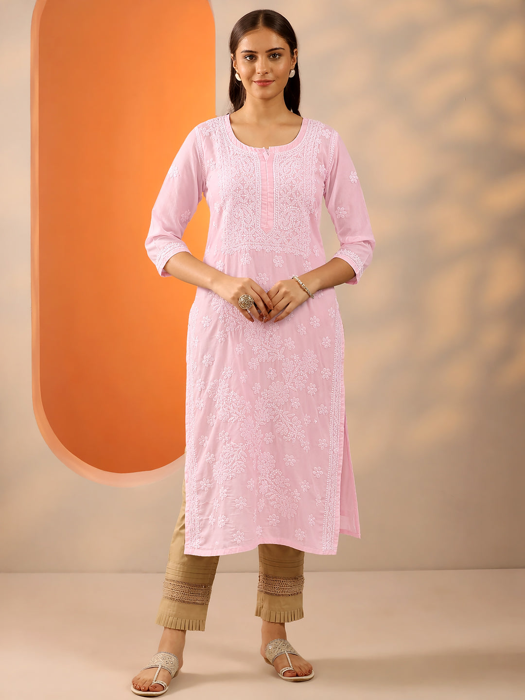 Elegant cotton straight kurti showcasing traditional chikankari work ideal for office wear and casual styling