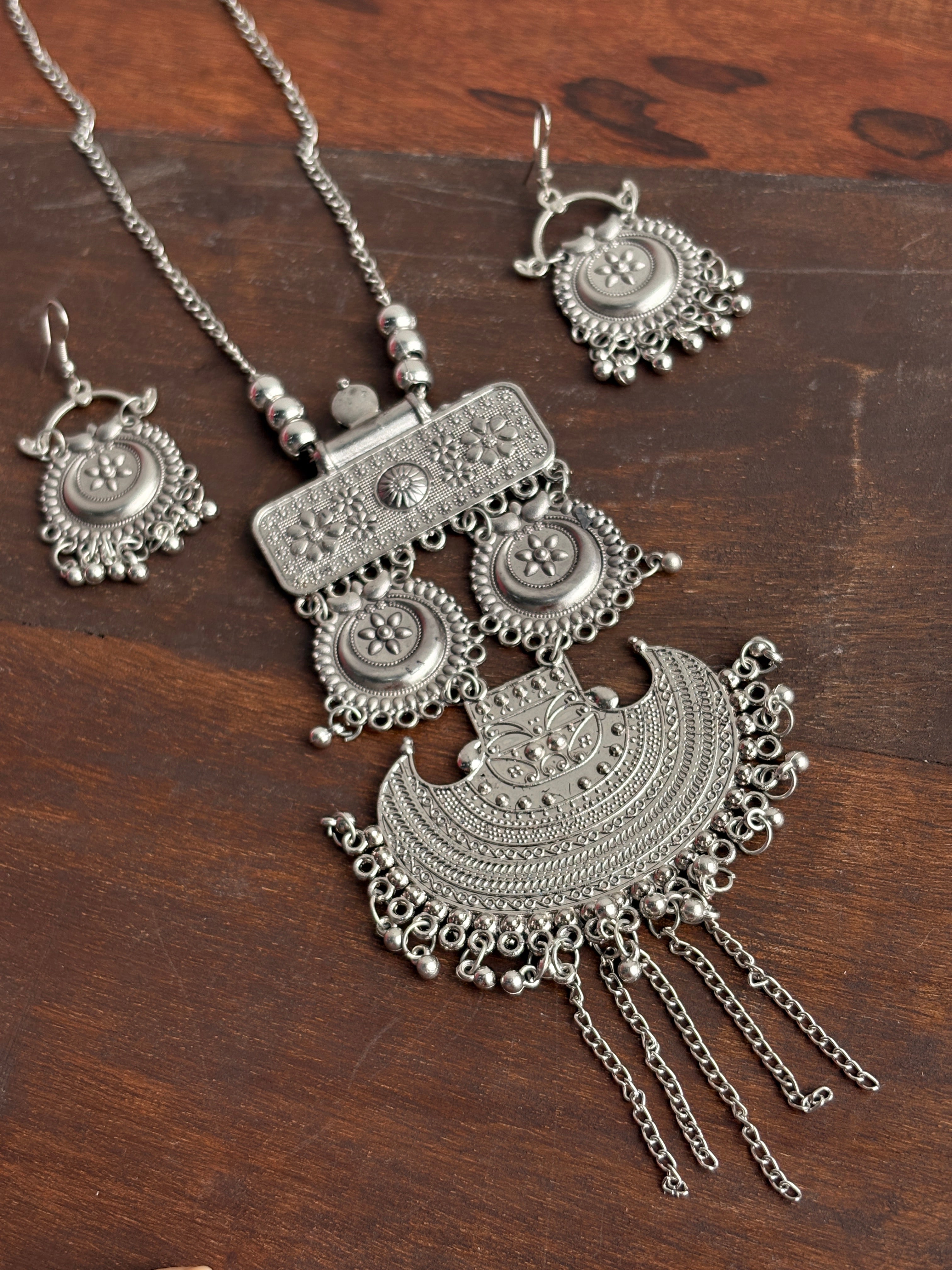 Banjara Oxidised Silver-Tone Statement Necklace & Earrings Set