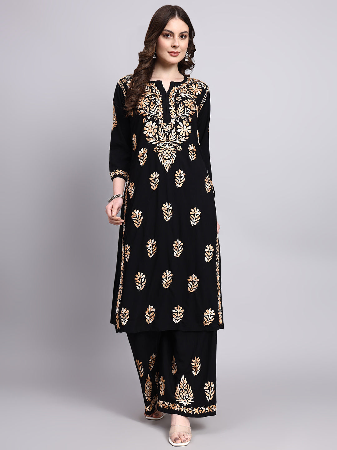 Rayon chikankari kurta palazzo set featuring traditional Lucknowi hand embroidery and elegant ethnic wear design for women