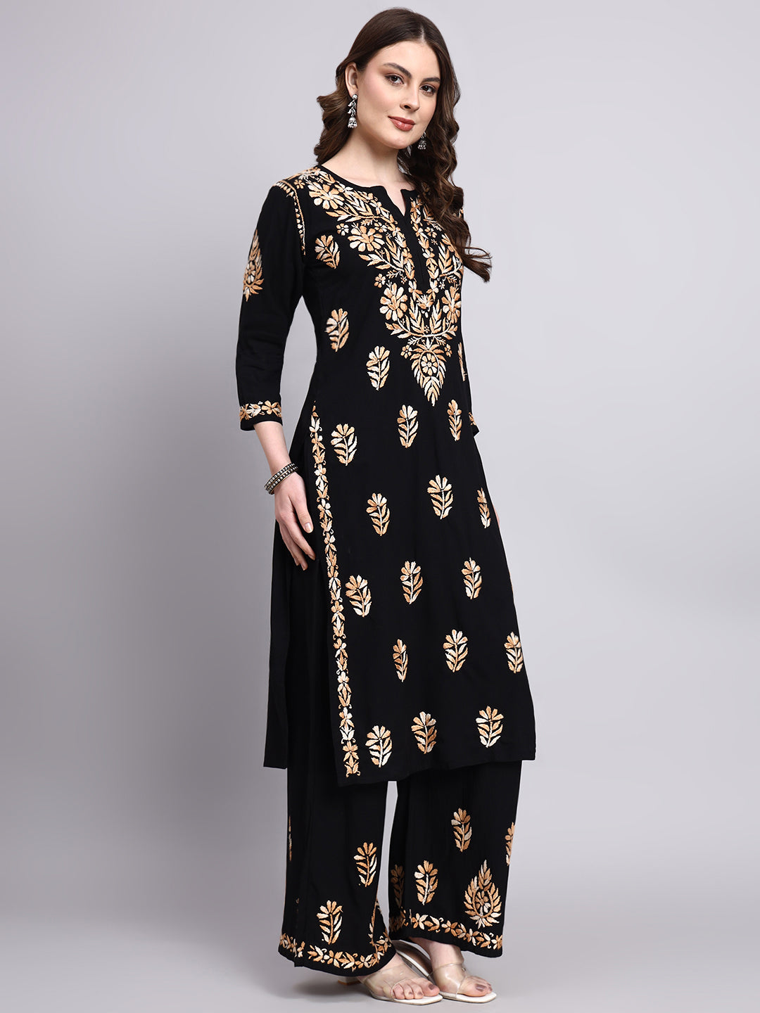 Trending chikankari salwar kameez featuring rayon chikankari kurta palazzo set with handcrafted embroidery detailing