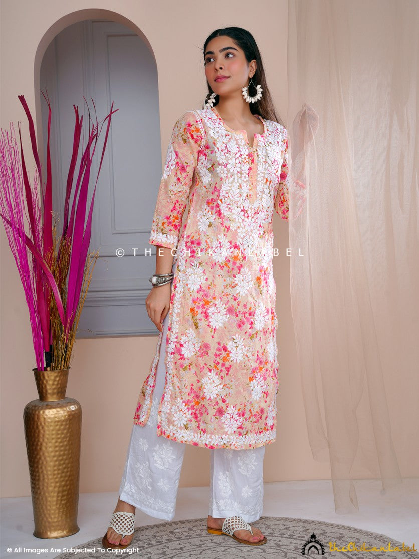Beige Sabiha Mulmul Chikankari Straight Kurti ,Chikankari Straight Kurti in Mulmul Fabric For Woman