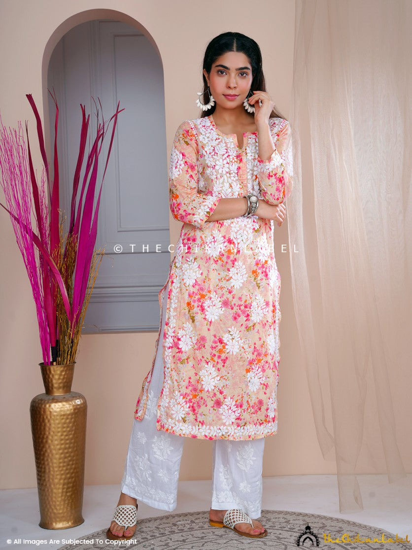 Beige Sabiha Mulmul Chikankari Straight Kurti ,Chikankari Straight Kurti in Mulmul Fabric For Woman