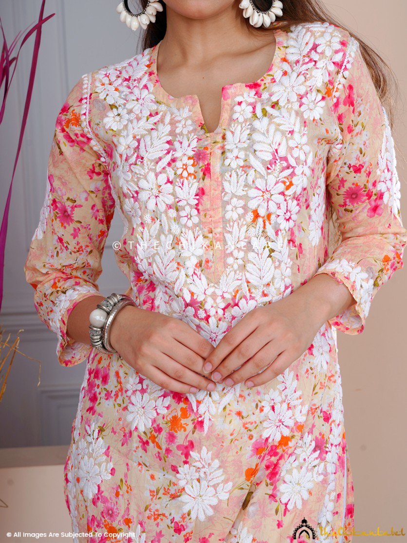 Beige Sabiha Mulmul Chikankari Straight Kurti ,Chikankari Straight Kurti in Mulmul Fabric For Woman