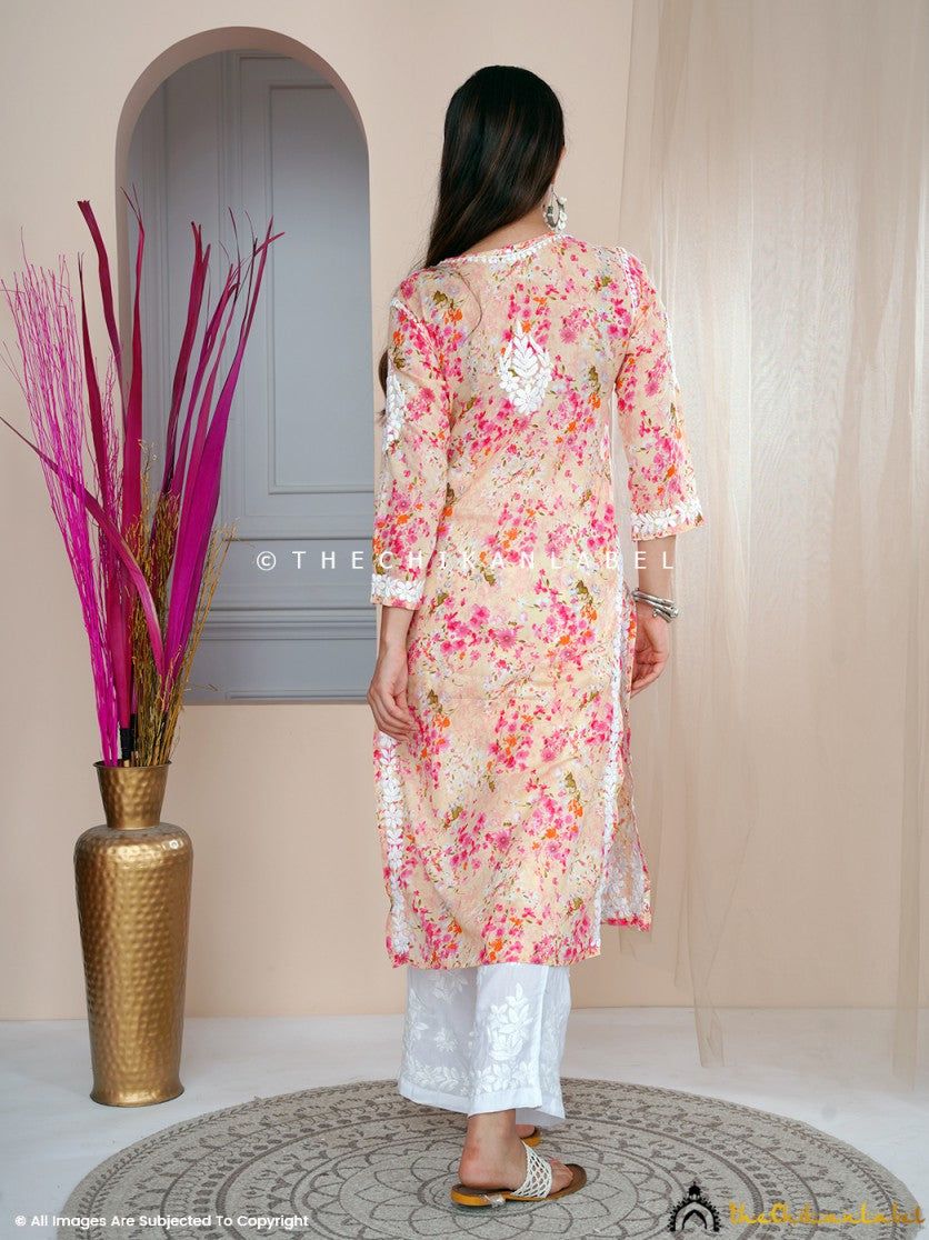 Beige Sabiha Mulmul Chikankari Straight Kurti ,Chikankari Straight Kurti in Mulmul Fabric For Woman