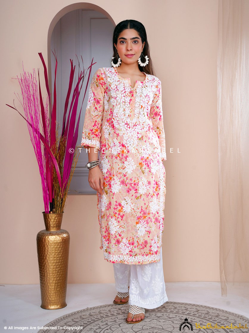 Beige Sabiha Mulmul Chikankari Straight Kurti ,Chikankari Straight Kurti Mulmul Fabric For Woman