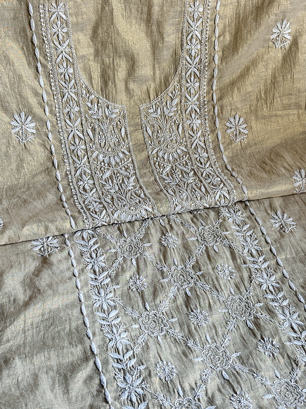 Beige UnStitched Tissue Silk Kurti Piece with Dupatta