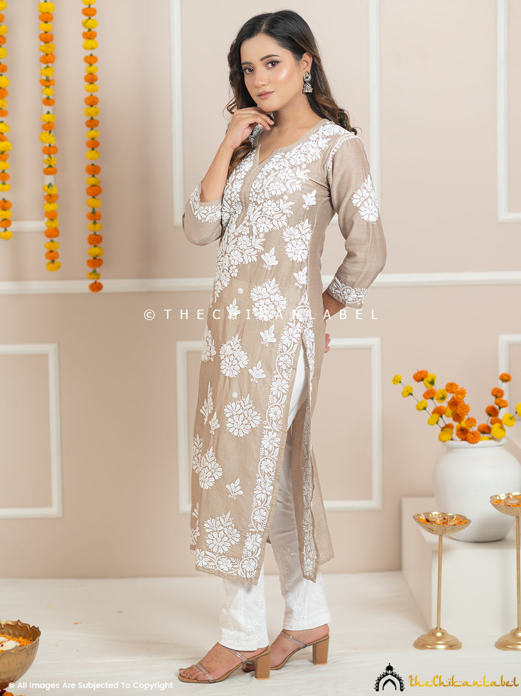 Beige Uzma Chanderi Chikankari Straight Kurti