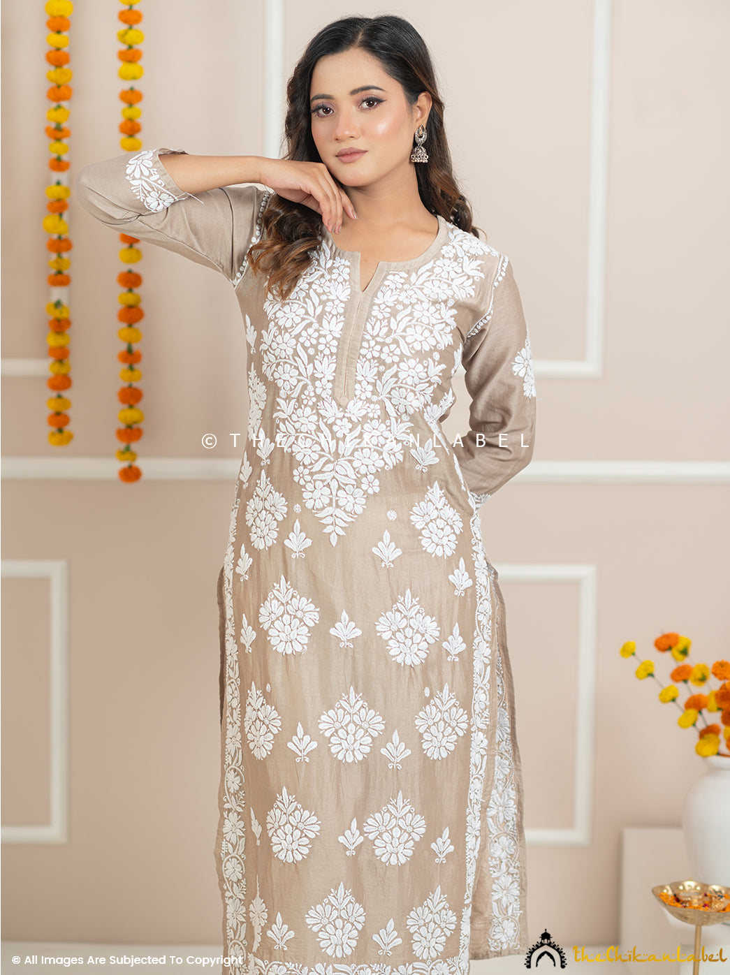 Beige Uzma Chanderi Chikankari Straight Kurti