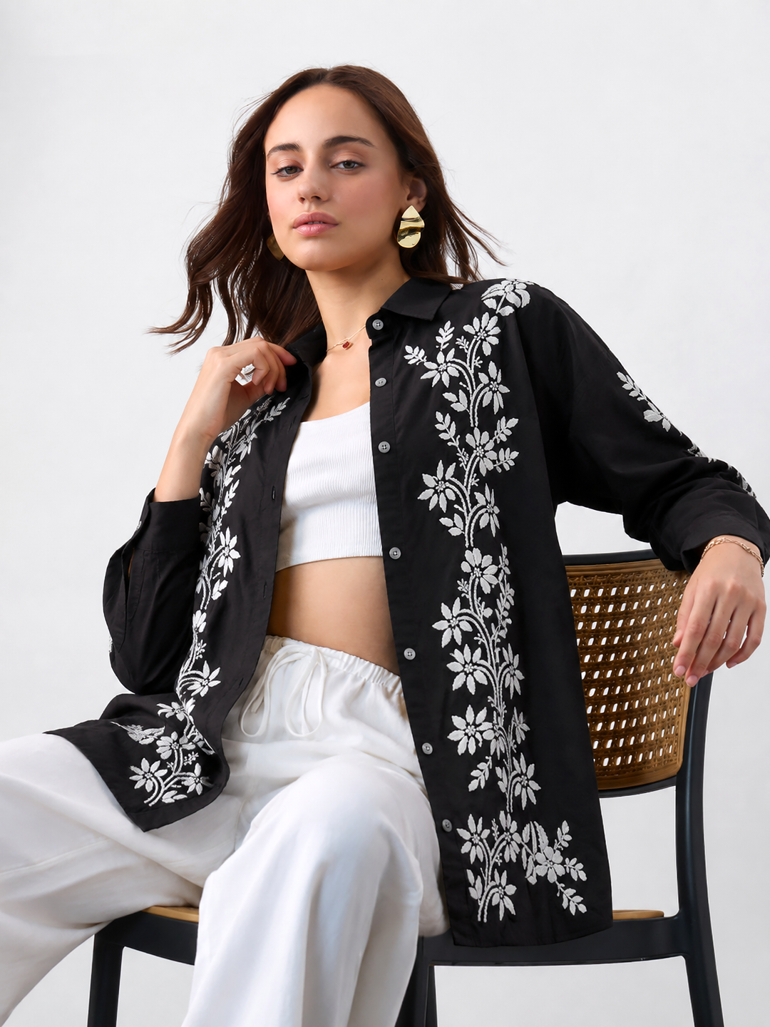 Rubi Cotton Chikankari Shirt - Black
