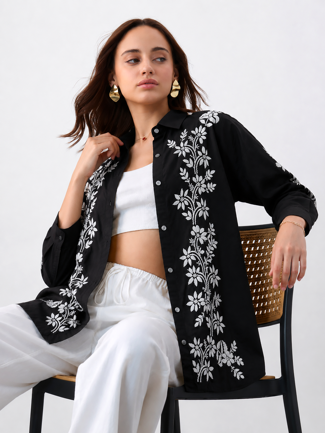 Rubi Cotton Chikankari Shirt - Black