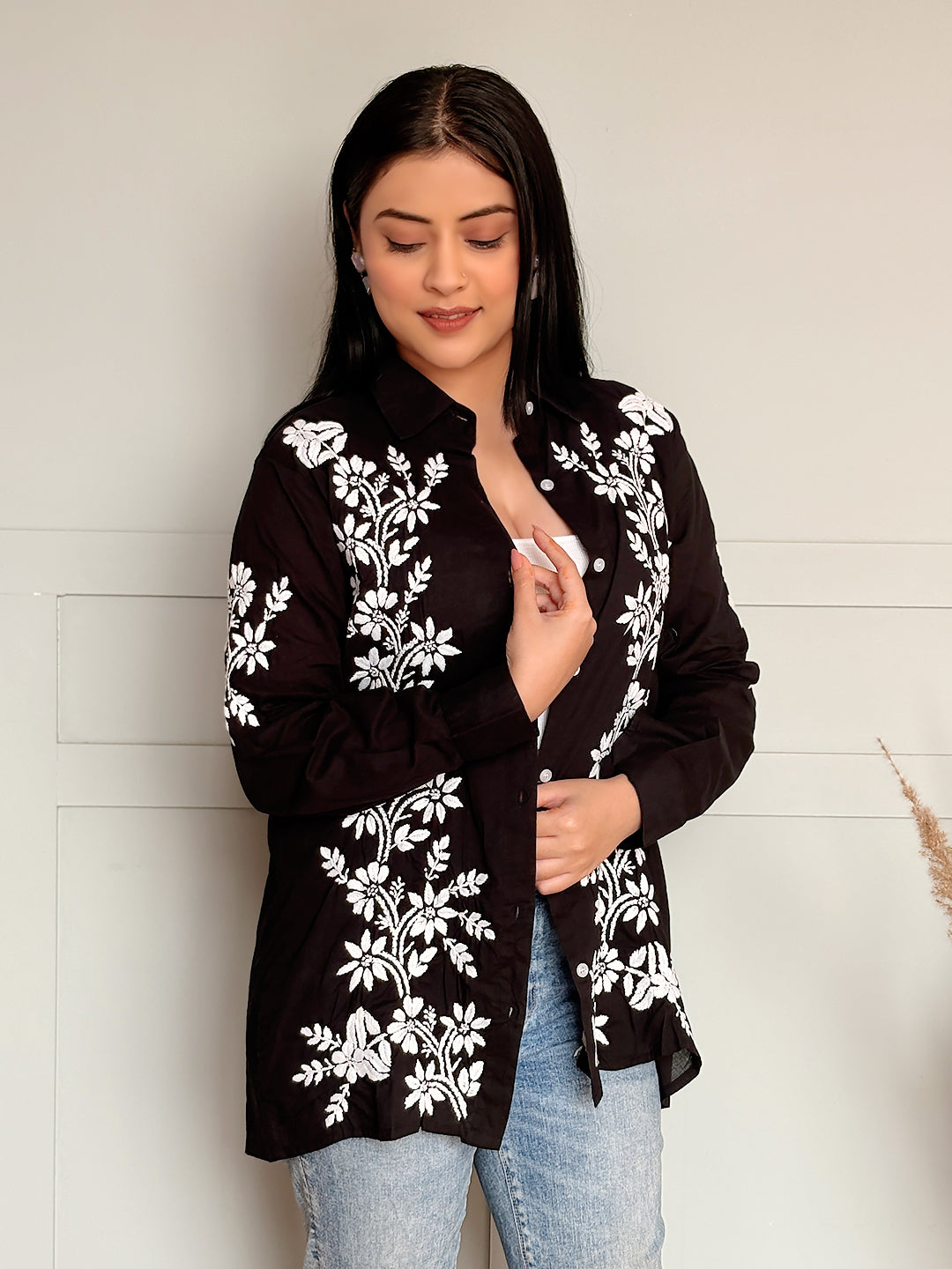 Rubi Cotton Chikankari Shirt - Black