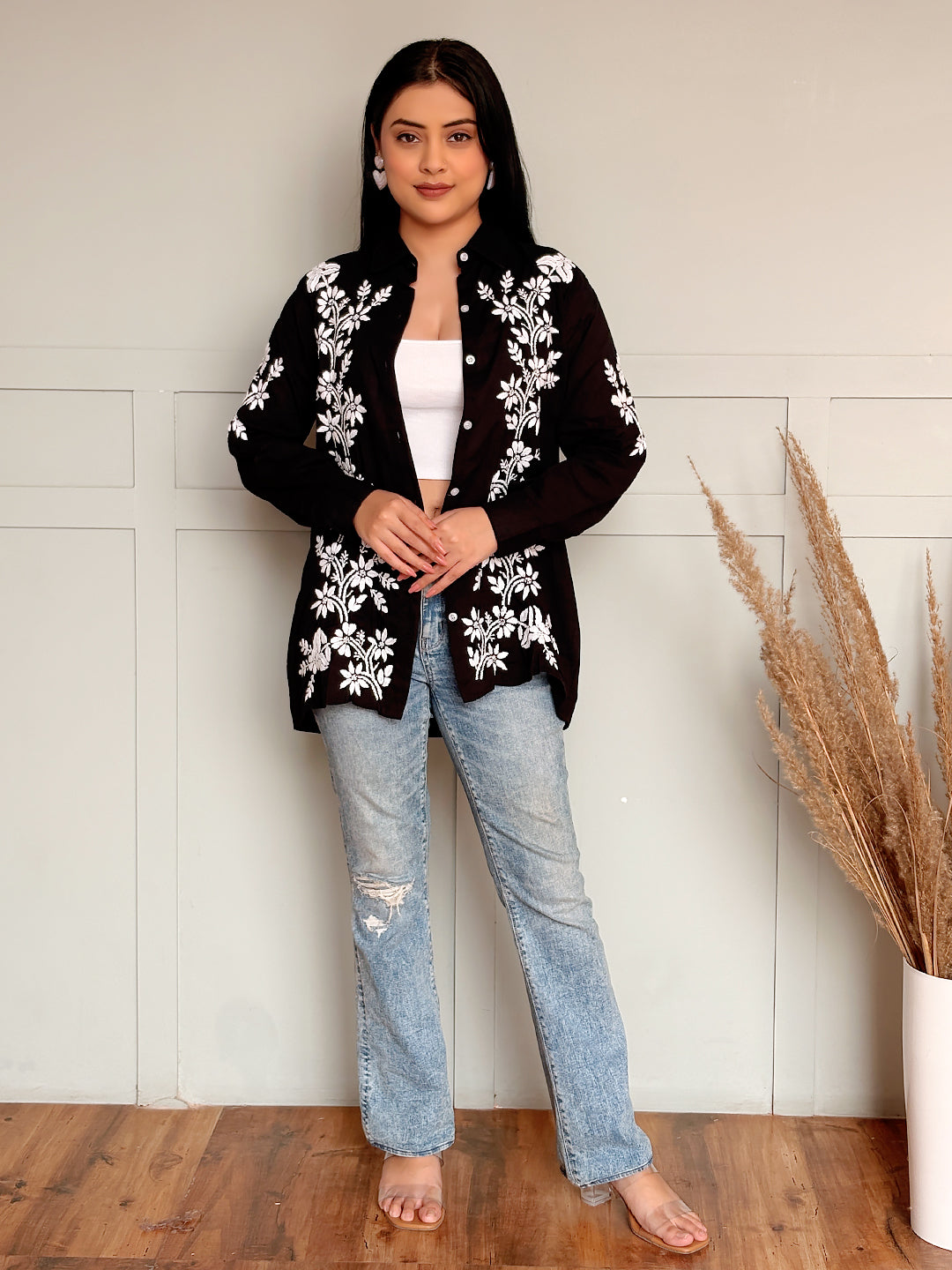 Rubi Cotton Chikankari Shirt - Black
