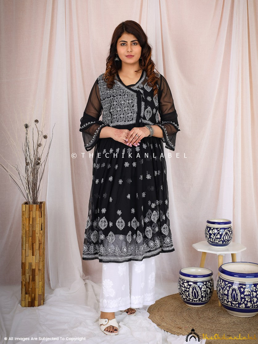 Black Georgette Chikankari A-Line Kurta ,Chikankari A-Line Kurta In Georgette Fabric For Woman