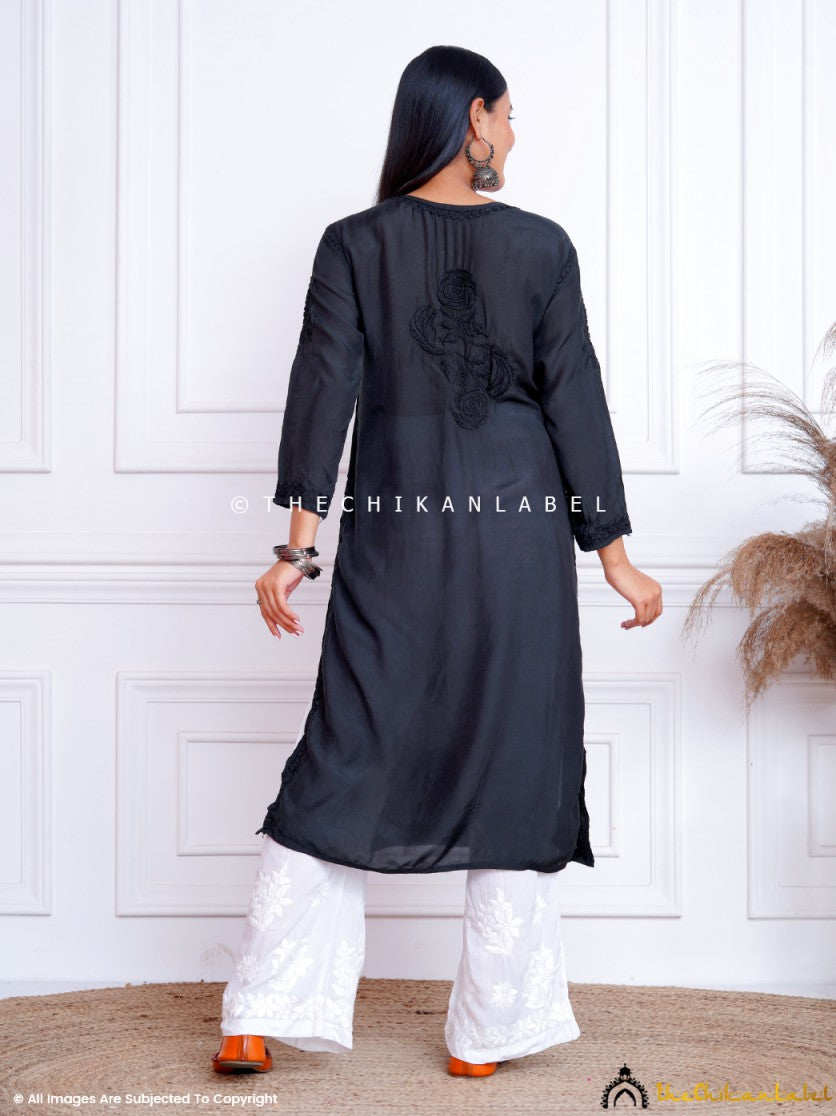 Black Gulaab Muslin Chikankari Straight Kurti ,Chikankari Straight Kurti In Muslin Fabric For Woman