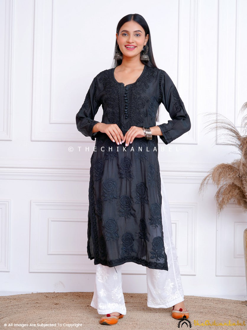 Black Gulaab Muslin Chikankari Straight Kurti ,Chikankari Straight Kurti In Muslin Fabric For Woman