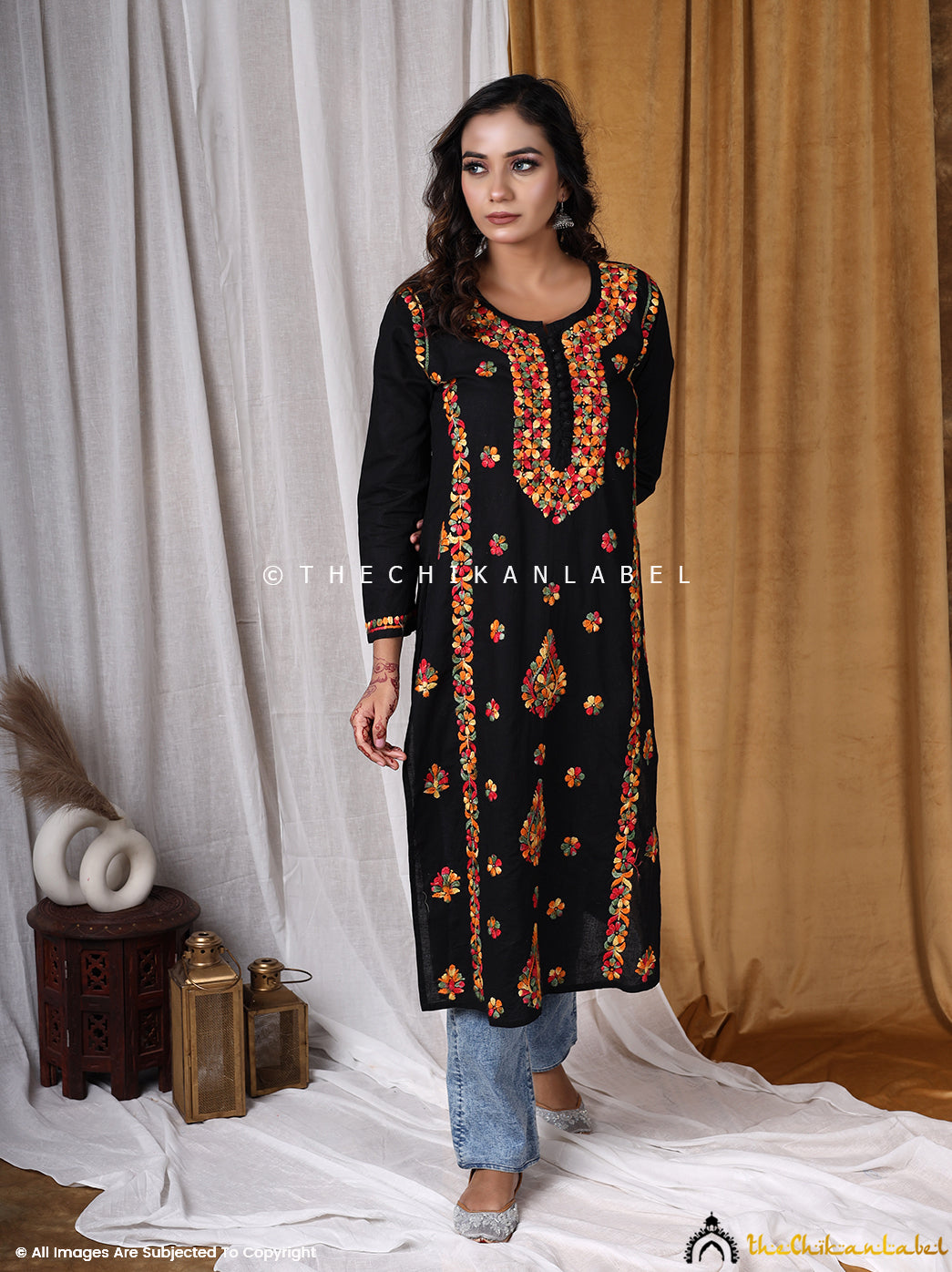 Black Multi Cotton Chikankari Straight Kurti