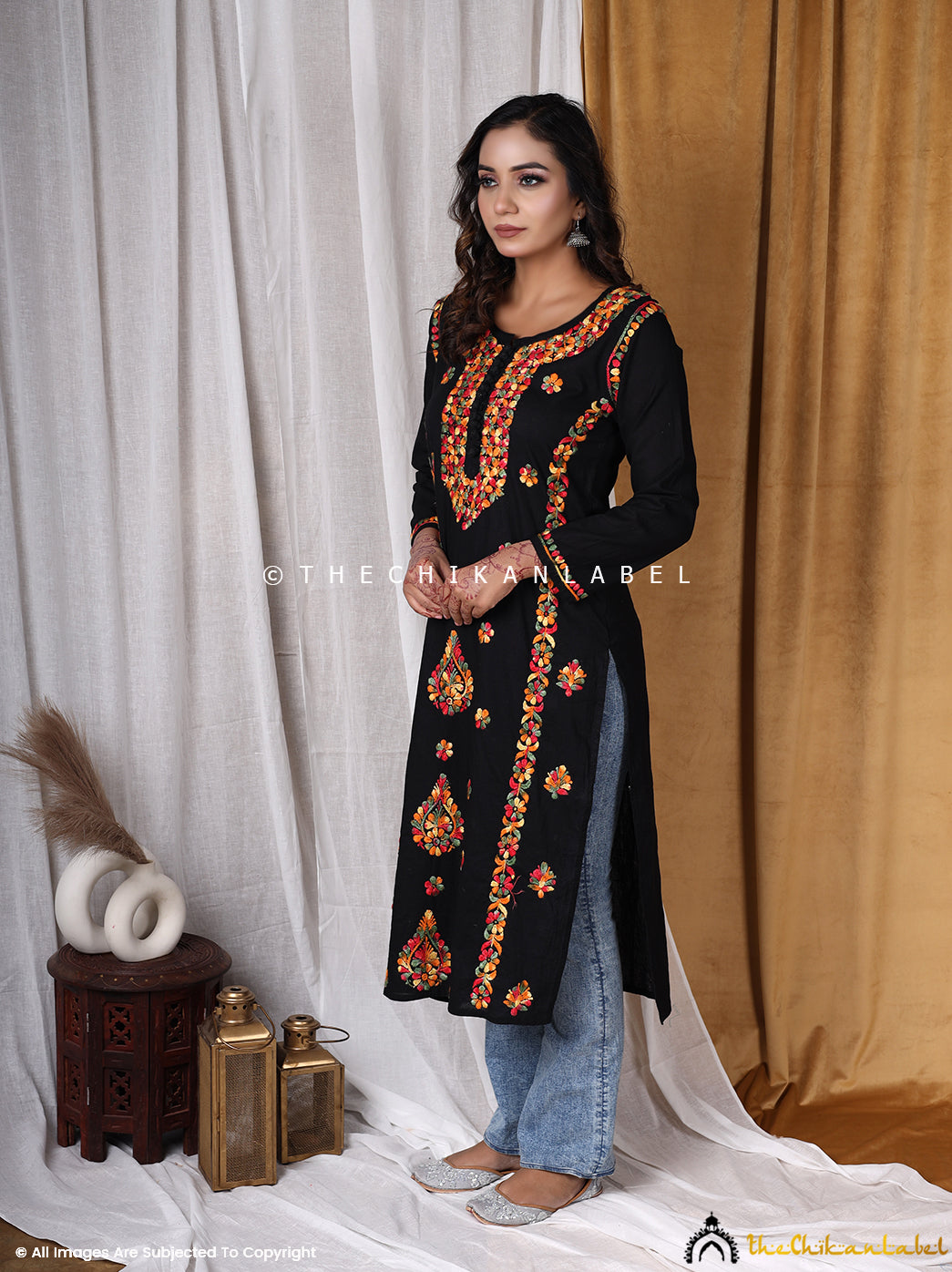 Black Multi Cotton Chikankari Straight Kurti