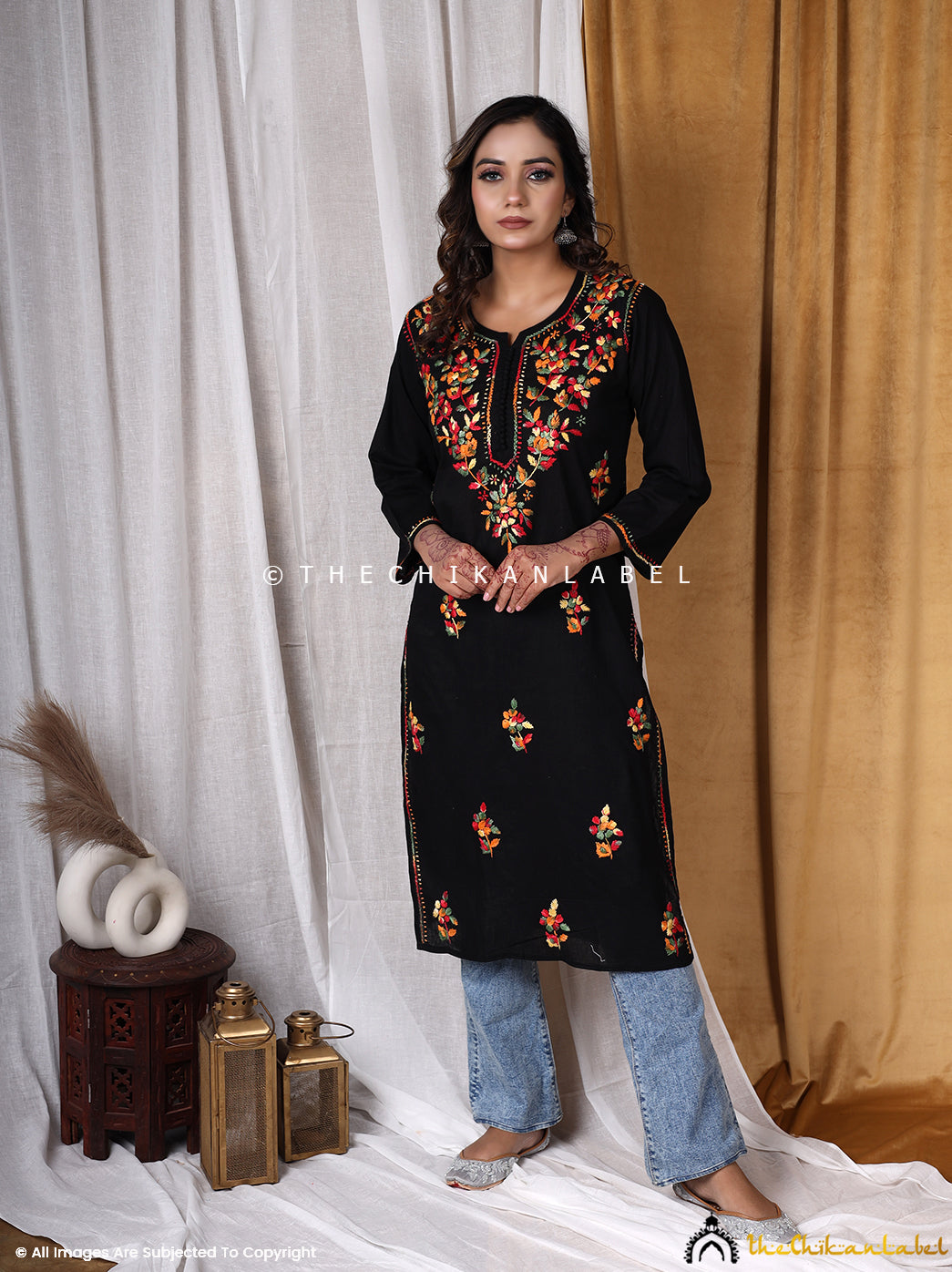 Black Multi Cotton Chikankari Straight Kurti
