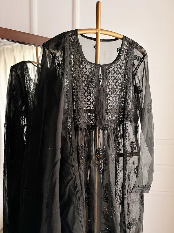 Ahilya Organza Chikankari Kurta Set - Black