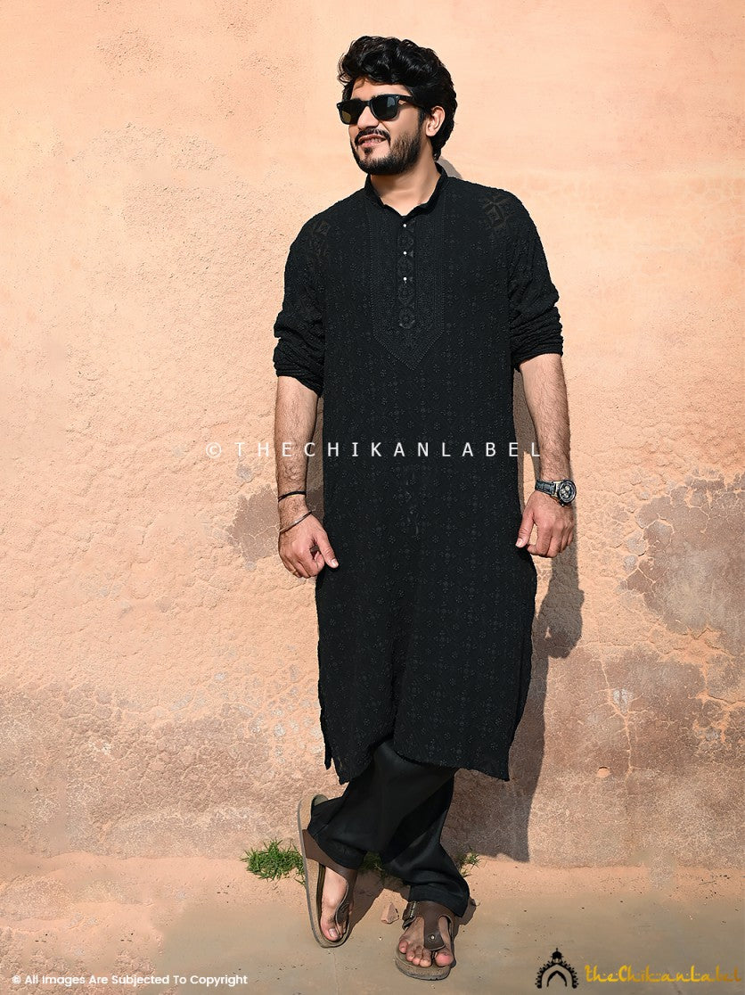 Black Shaan Viscose Mens Chikankari Kurta