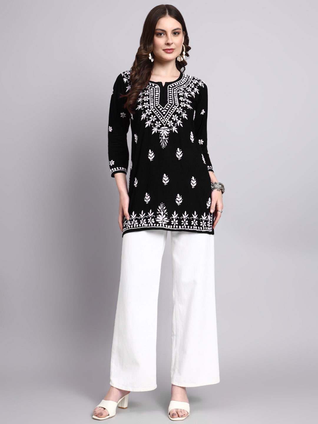 Short length rayon kurta featuring authentic chikankari hand embroidery for effortless fusion outfits