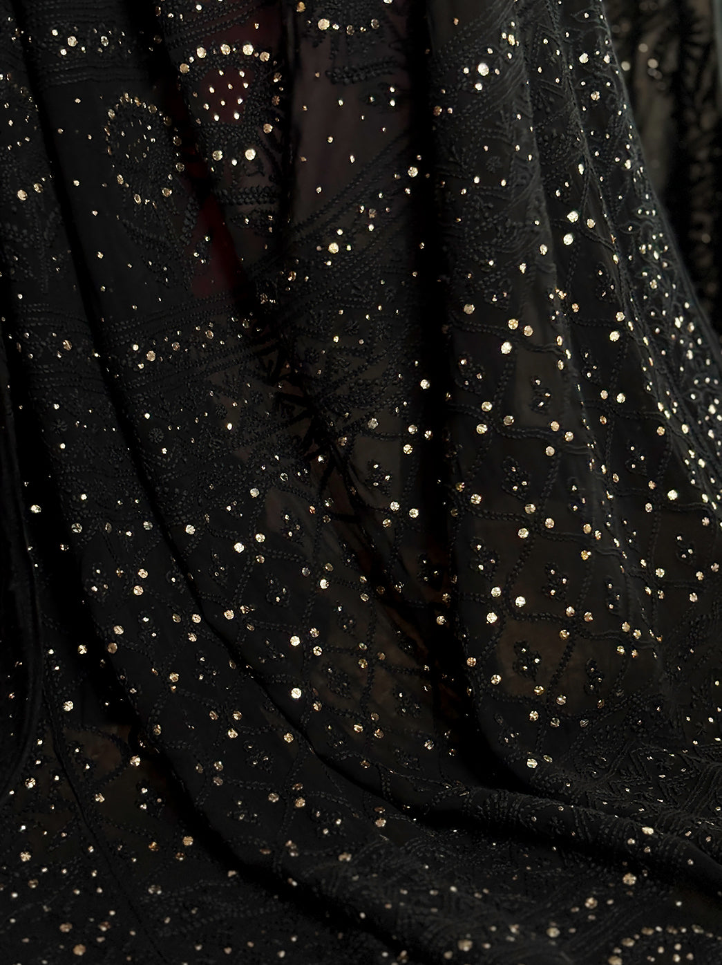 Elegant viscose chikankari saree adorned with mukaish embellishments, perfect for weddings, receptions, and festive events