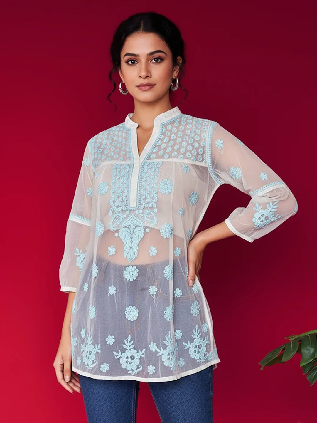 Aashna Organza Chikankari Short Kurta - Blue