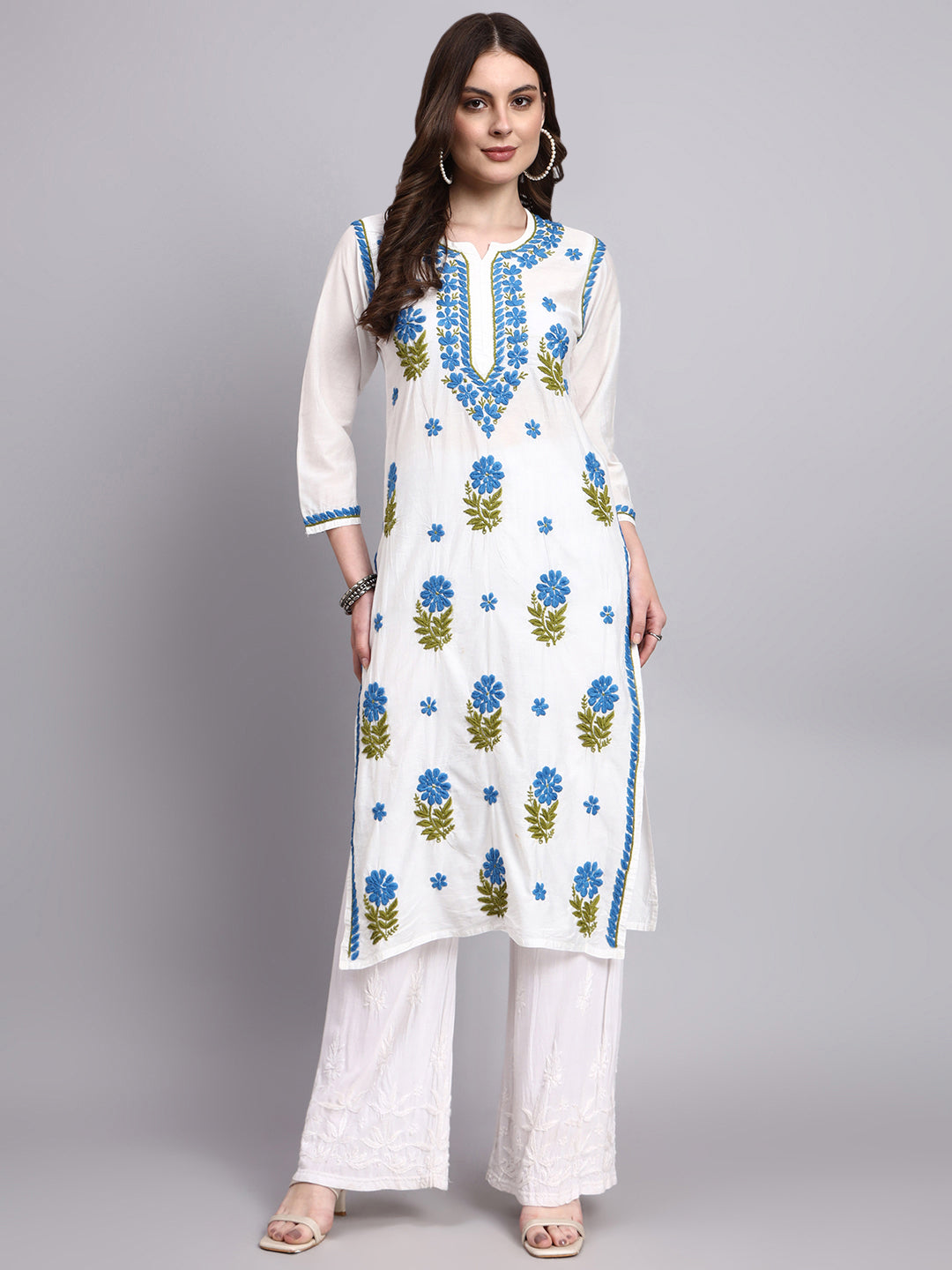 Chanderi long kurta featuring handmade chikankari embroidery with floral motifs and a straight silhouette for elegant ethnic wear