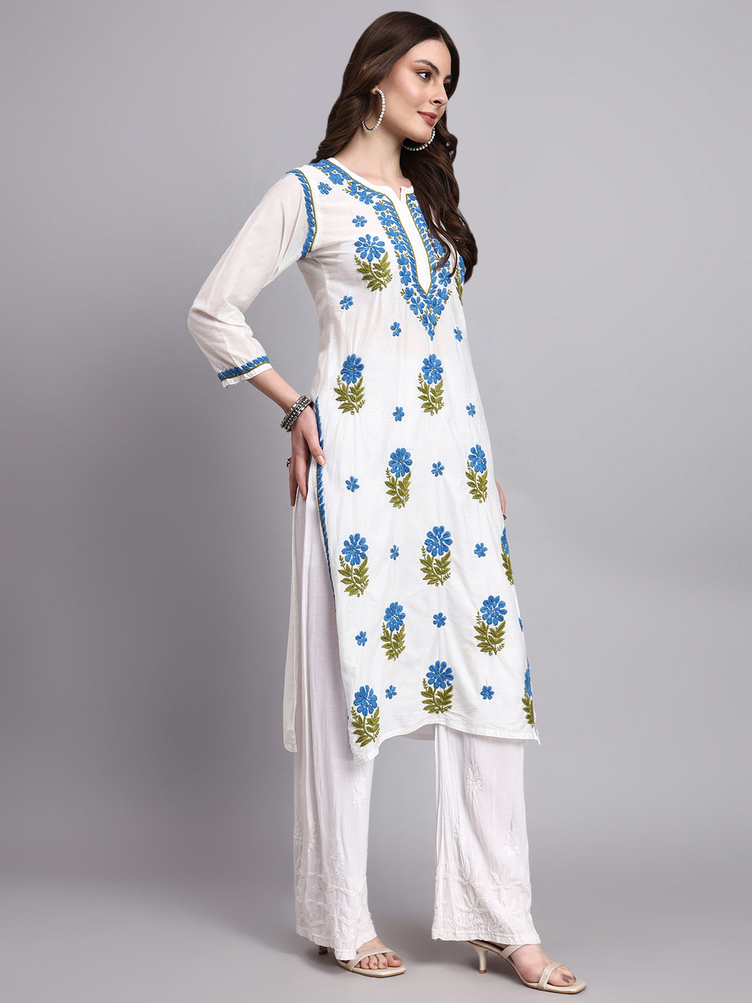 Elegant handmade chikankari straight kurta featuring detailed embroidery on sleeves, borders, and hemline