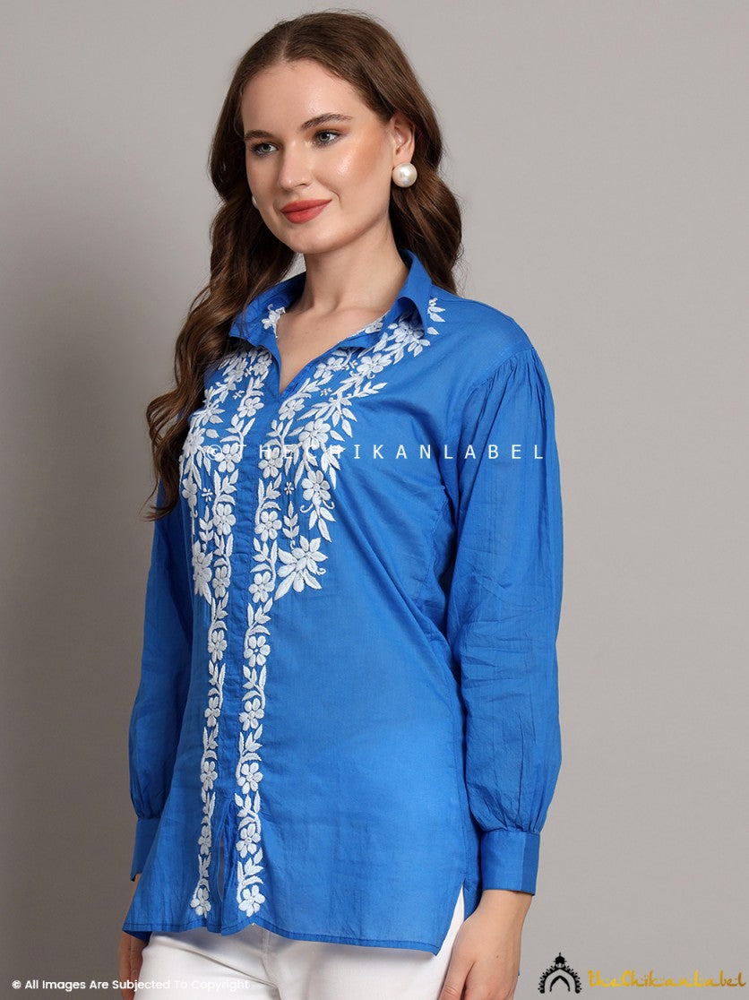 Rear view of blue chikankari shirt with clean finish