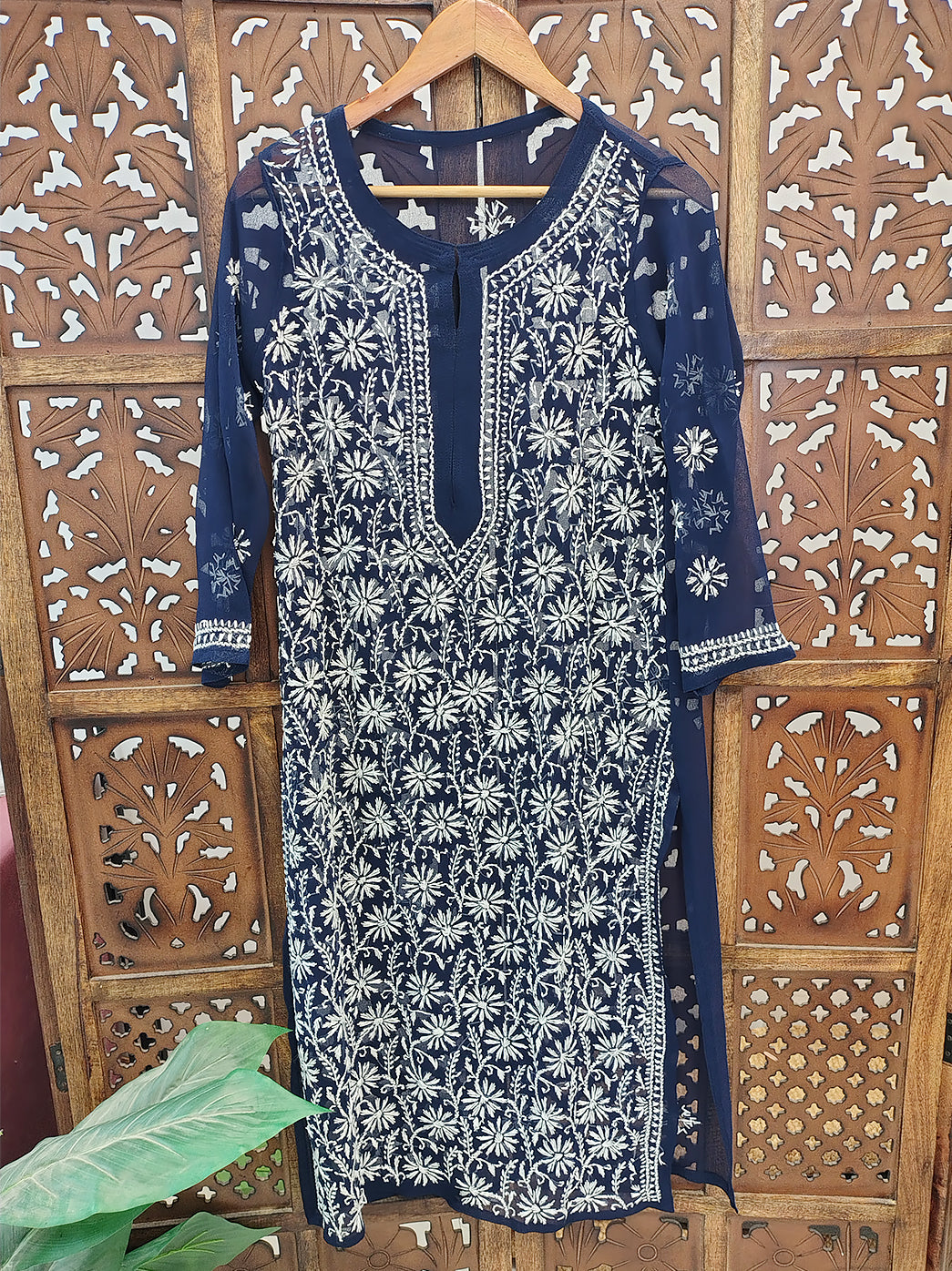Blue Georgette Chikankari Straight Kurti