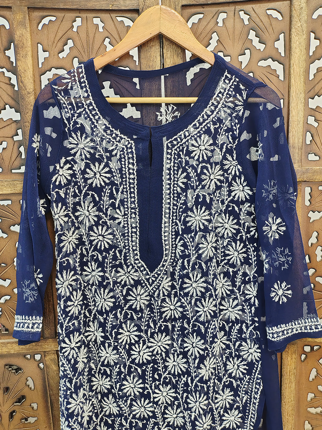 Blue Georgette Chikankari Straight Kurti