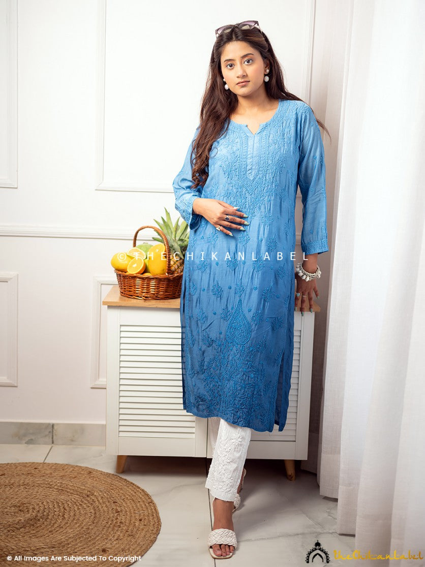 Jivika Muslin Chikankari Straight Kurti-Blue