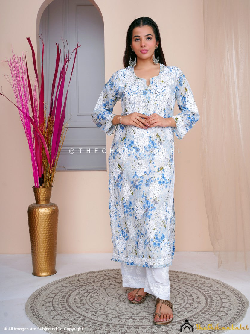 Blue Sabiha Mulmul Chikankari Straight Kurti ,Chikankari Straight Kurti in Mulmul Fabric For woman