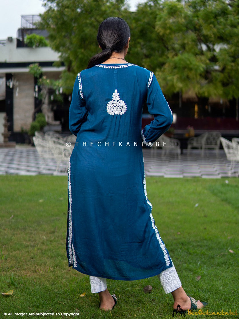 Blue Safa Muslin Chikankari Straight Kurti ,Chikankari Straight Kurti in Muslin Fabric For Woman