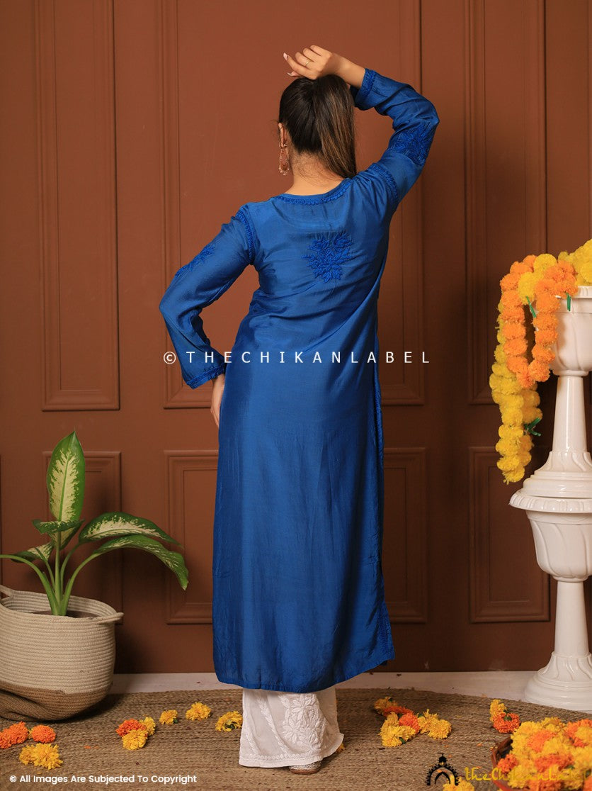 Blue Suha Chikankari Straight Kurti ,Chikankari Straight Kurti in Muslin Fabric For Woman