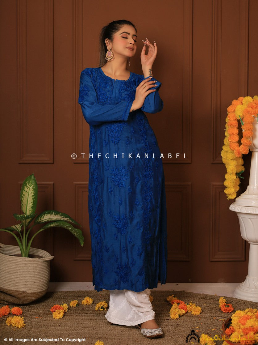 Blue Suha Chikankari Straight Kurti ,Chikankari Straight Kurti in Muslin Fabric For Woman