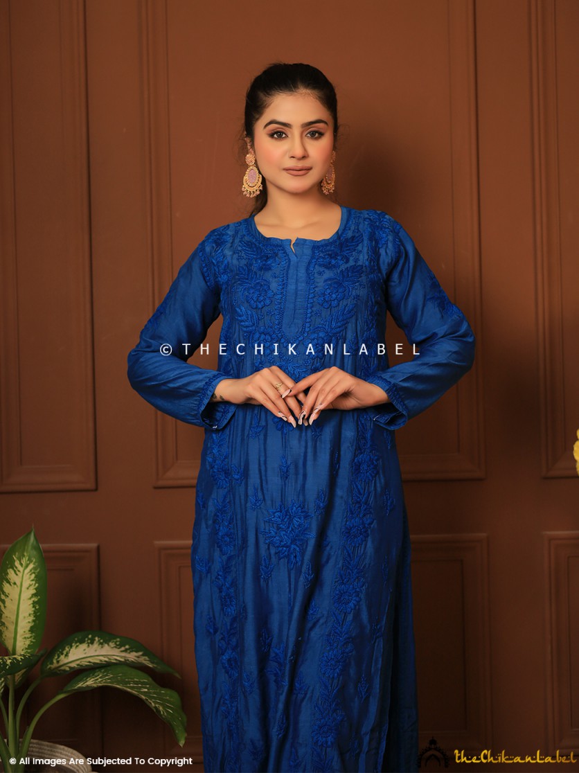 Blue Suha Chikankari Straight Kurti ,Chikankari Straight Kurti in Muslin Fabric For Woman