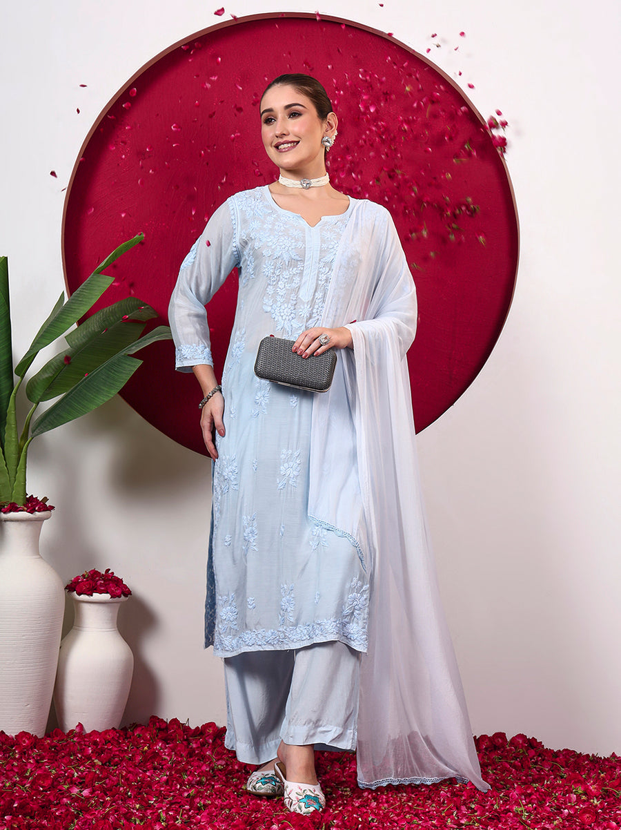 Yamika Muslin Chikankari Straight Kurta Set with Dupatta - Blue