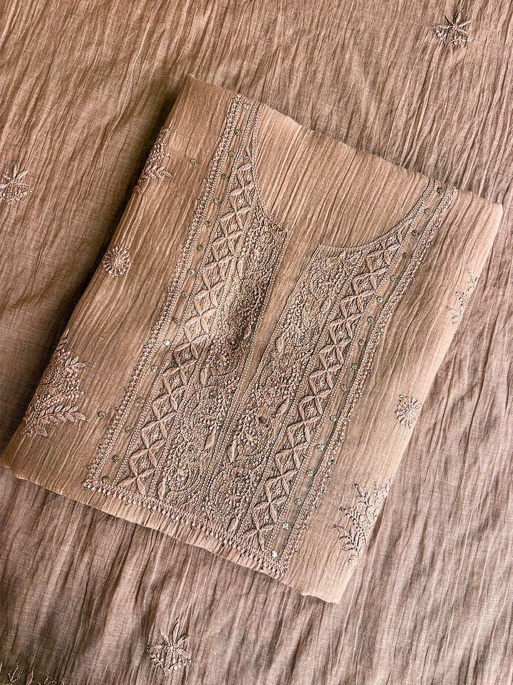 Brown Mul Chanderi Un-stitched Chikankari Kurti Piece with Dupatta
