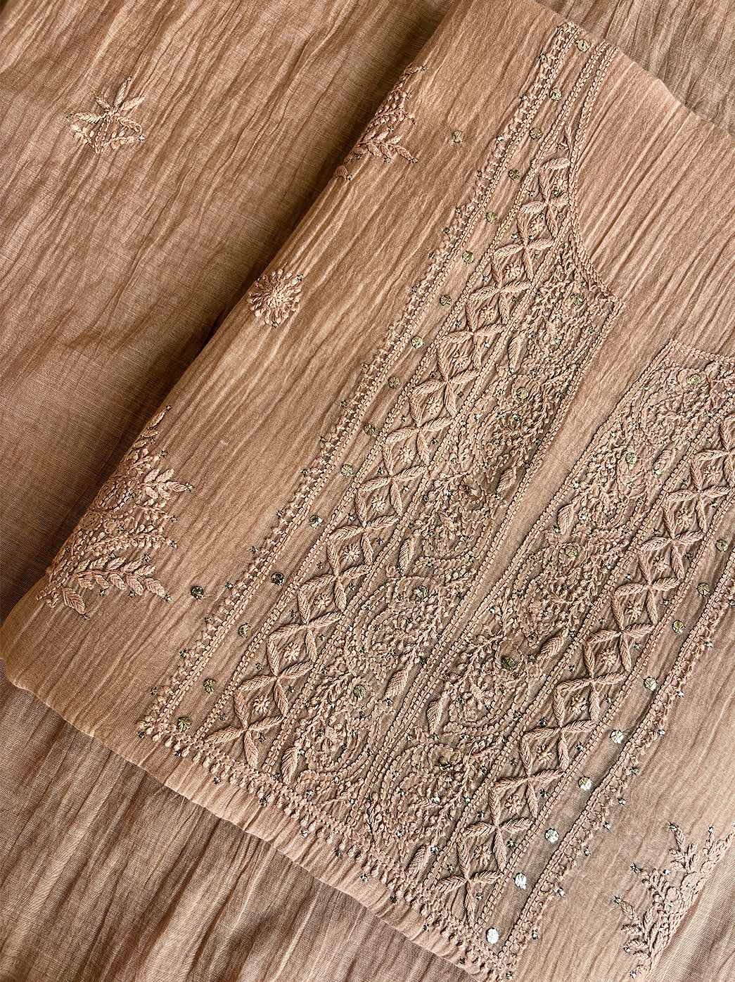 Brown Mul Chanderi Un-stitched Chikankari Kurti Piece with Dupatta