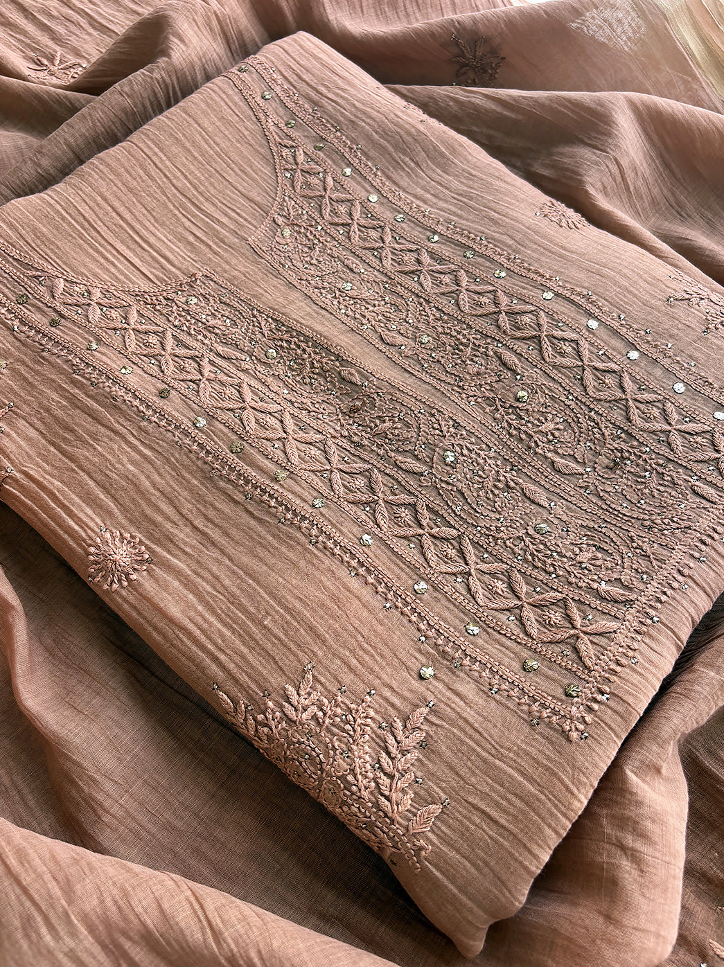Brown Mul Chanderi Un-stitched Chikankari Kurti Piece with Dupatta