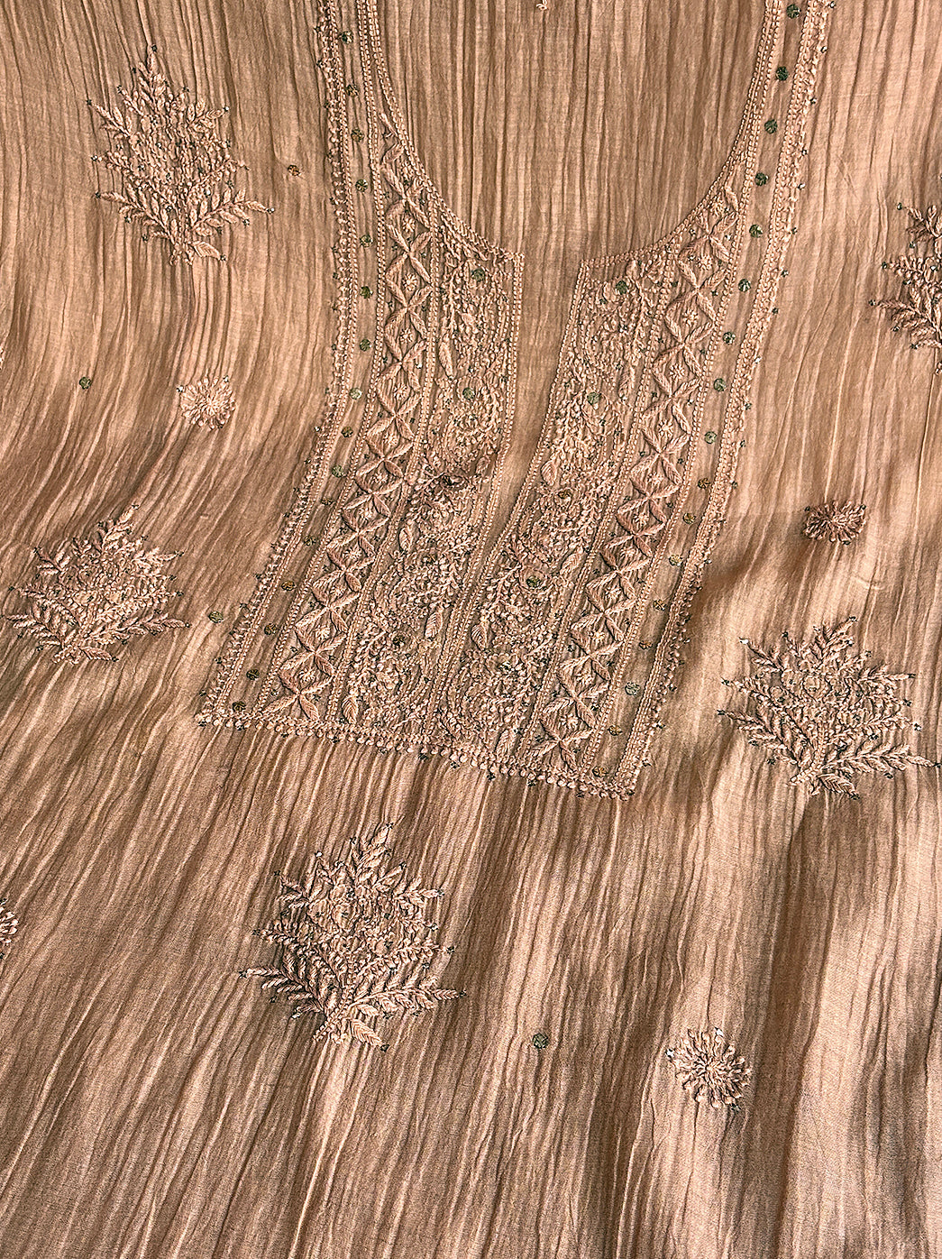 Brown Mul Chanderi Un-stitched Chikankari Kurti Piece with Dupatta