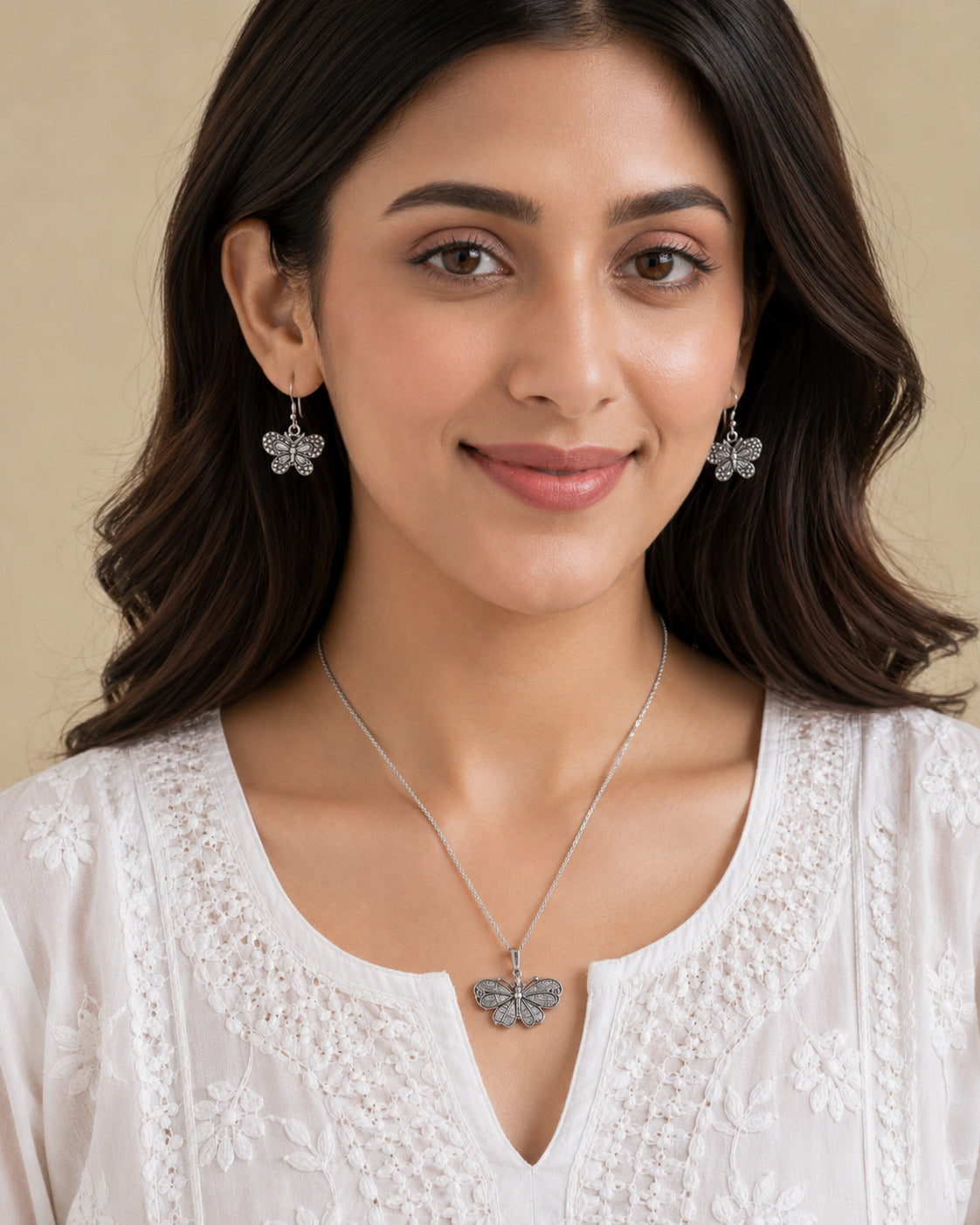 Titli Oxidised Silver Butterfly Pendant Necklace & Earrings Set