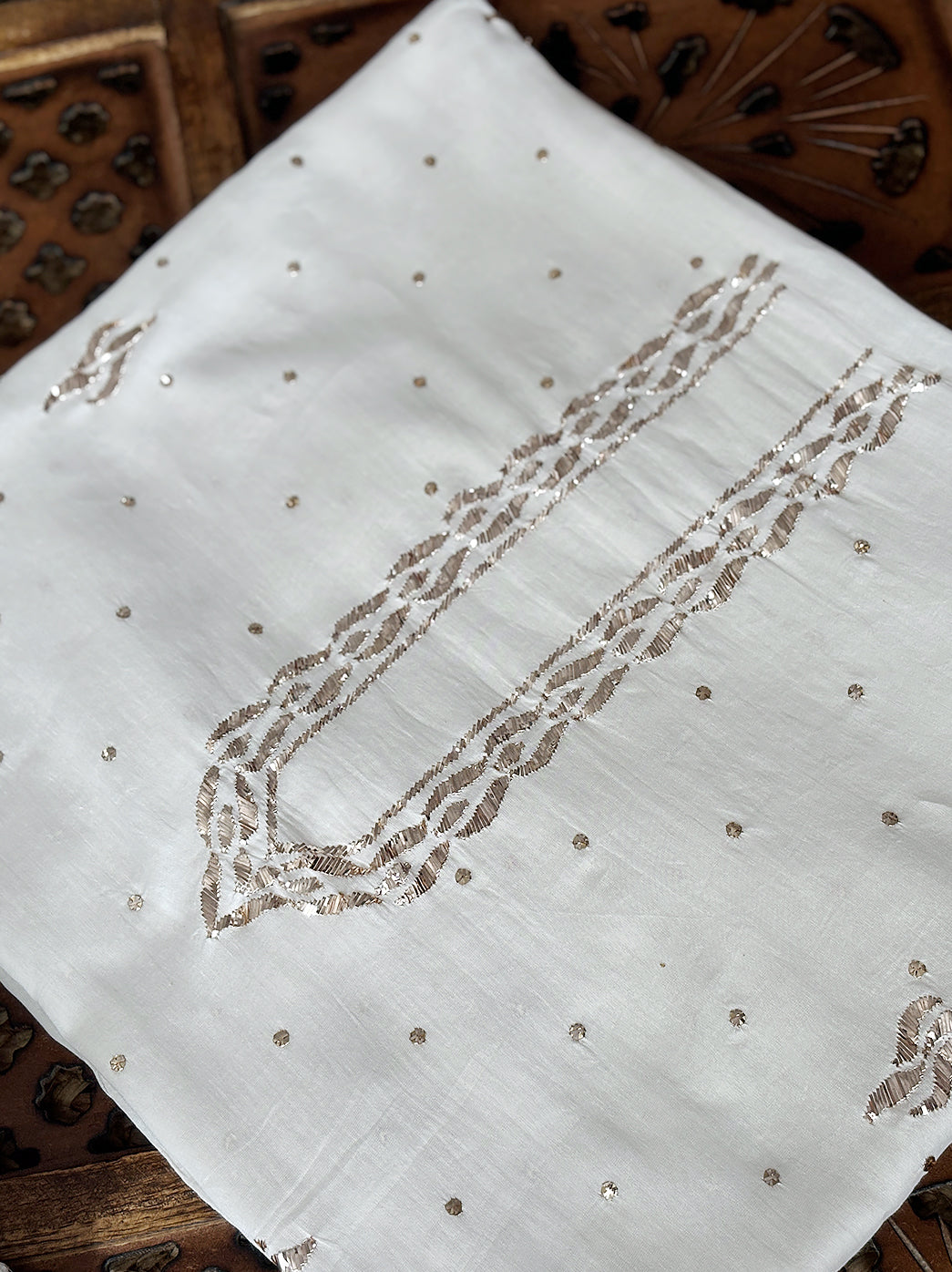 Premium Chanderi kurta material for men designed with traditional chikankari hand embroidery.