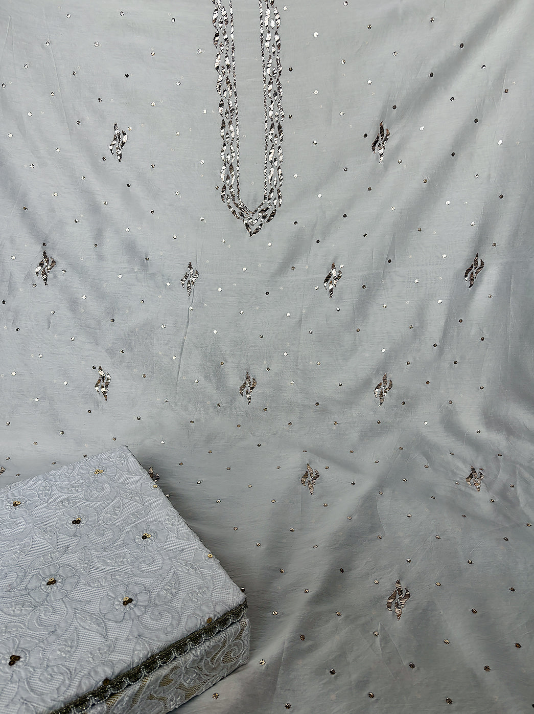 Men’s unstitched kurta fabric in Chanderi with intricate embroidery, perfect for festive wear.