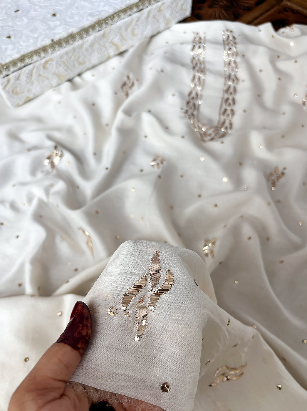 Luxury Chanderi fabric for men’s ethnic kurta with handcrafted chikankari detailing.