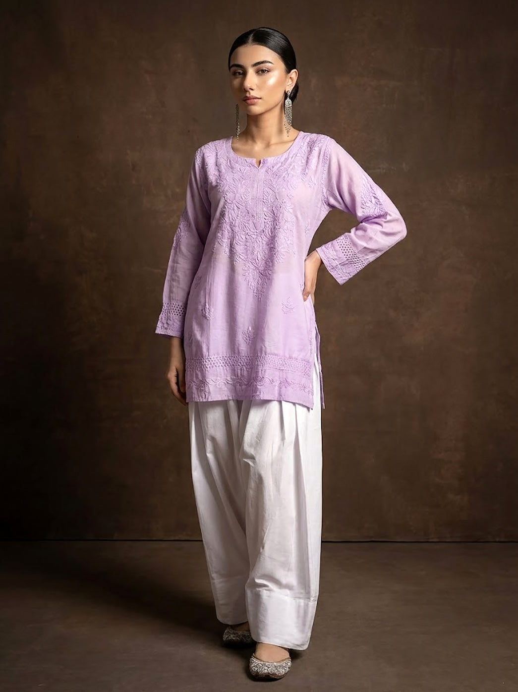Lucknowi chikankari kurti farshi salwar ensemble crafted in breathable Chanderi fabric with refined hand embroidery details