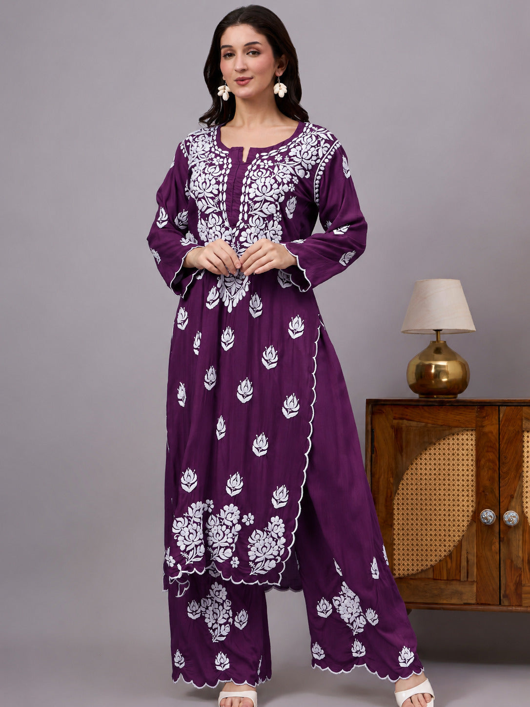 Najat Modal Chikankari Kurti Palazzo Set - Purple