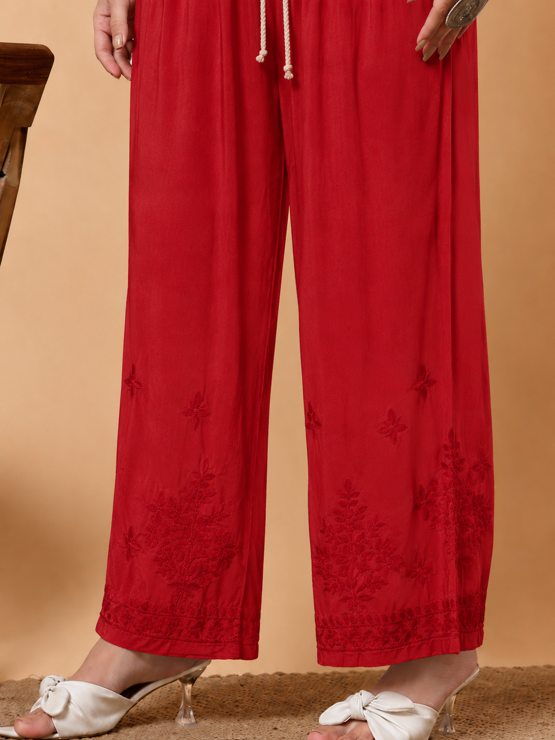 Modal Chikankari Straight Palazzo - Red